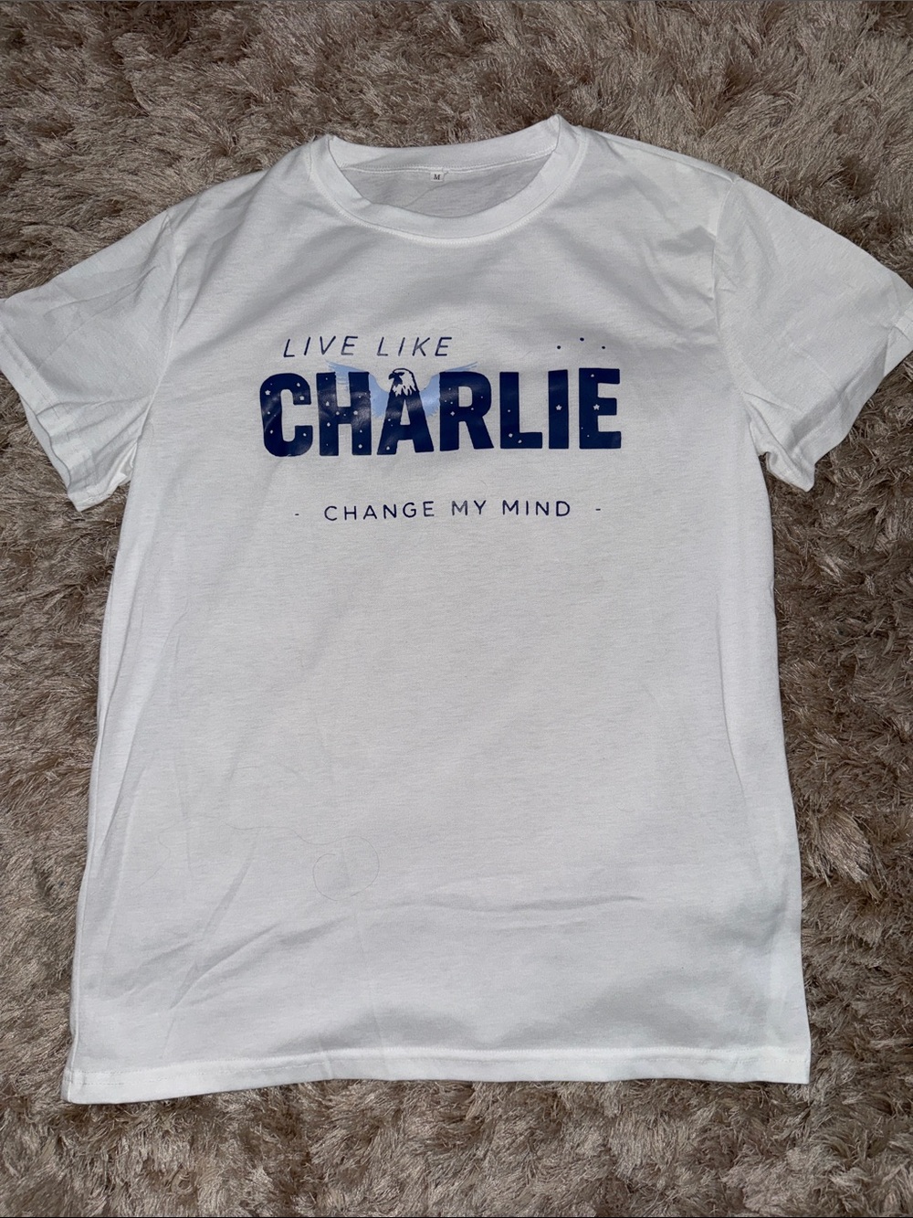 "Live Like Charlie" White Tee with Navy Graphic